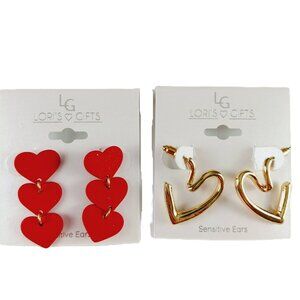 Lori's Gifts Gold Tone Red Hearts Earrings Bundle Valentine's Day Jewelry